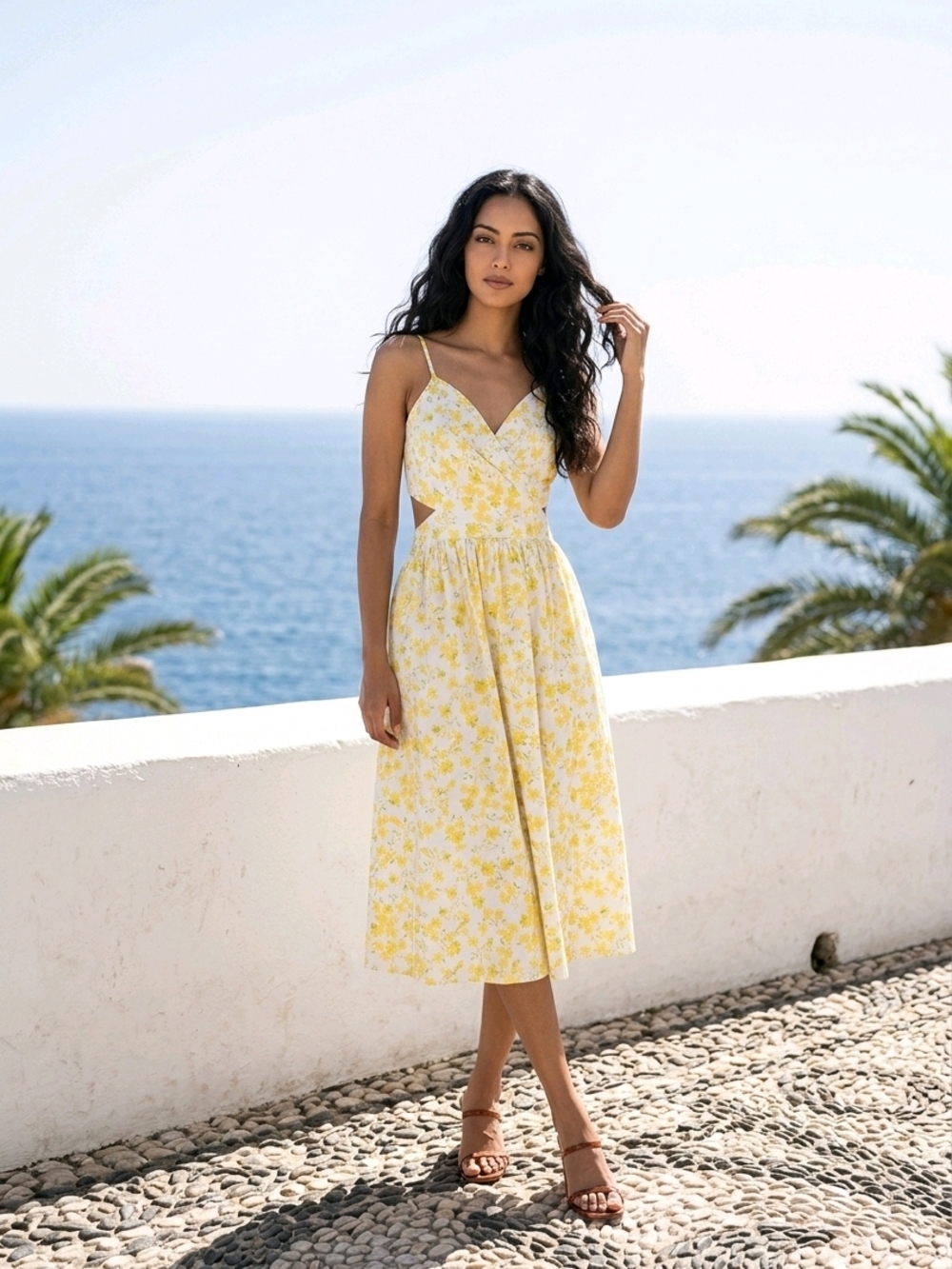Yellow Floral Spaghetti-Strap Coquette Coastal Midi Dress